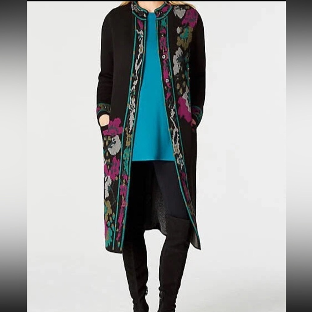 J. Jill Sweater Duster Jacket Petite Large Black Floral Knit Thick Pockets Heavy